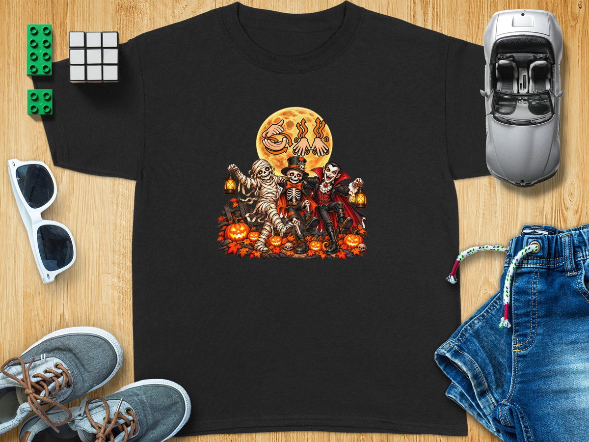 Black t-shirt with Halloween graphic of mummy, skeleton, and vampire in front of moon.
