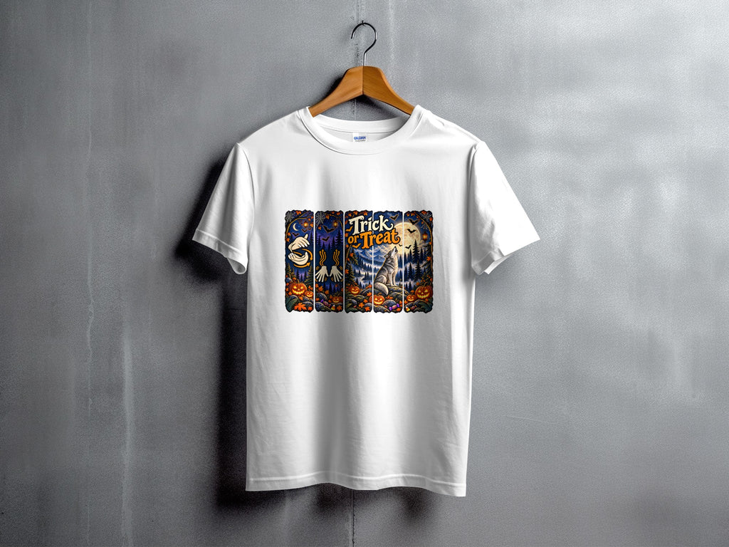 White t-shirt with Halloween graphic featuring a wolf and "Trick or Treat" text.