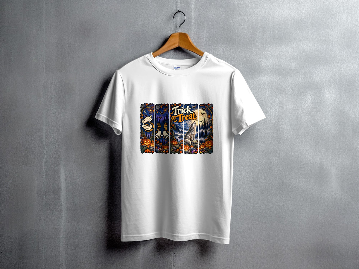 White t-shirt with Halloween graphic featuring a wolf and "Trick or Treat" text.