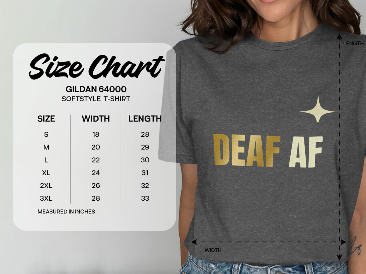 Size chart for Gildan 64000 Softstyle T-shirt showing width and length measurements.