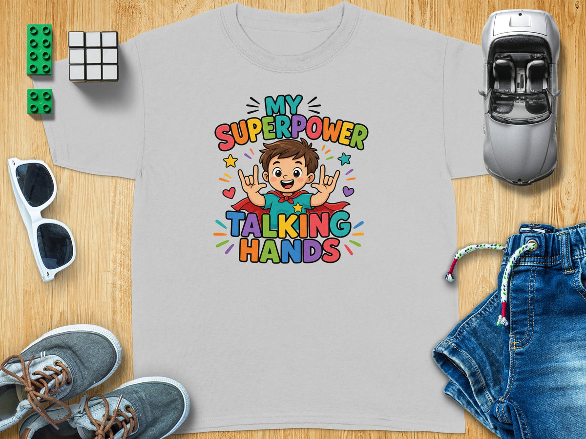 Grey t-shirt with colorful graphic: "My Superpower Talking Hands".
