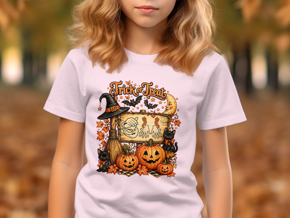 Halloween t-shirt design with pumpkins, black cats, witch hat, and "Trick or Treat" text.