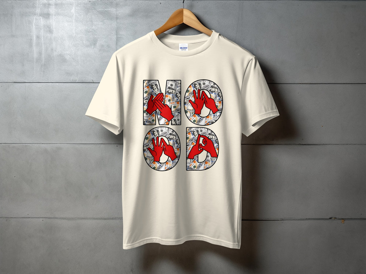Cream t-shirt with "MOOD" graphic made of US dollar bills and red hands.