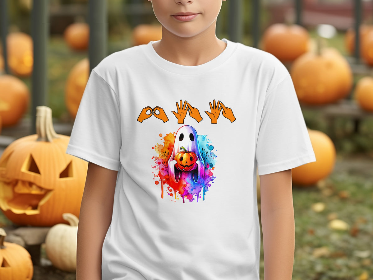White t-shirt with watercolor ghost holding a pumpkin and Halloween-themed sign language.