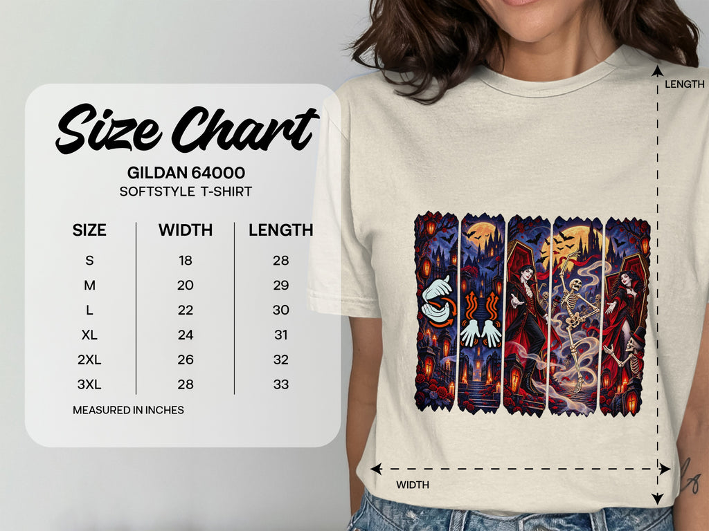 Gildan 64000 Softstyle T-shirt size chart with width and length measurements in inches.