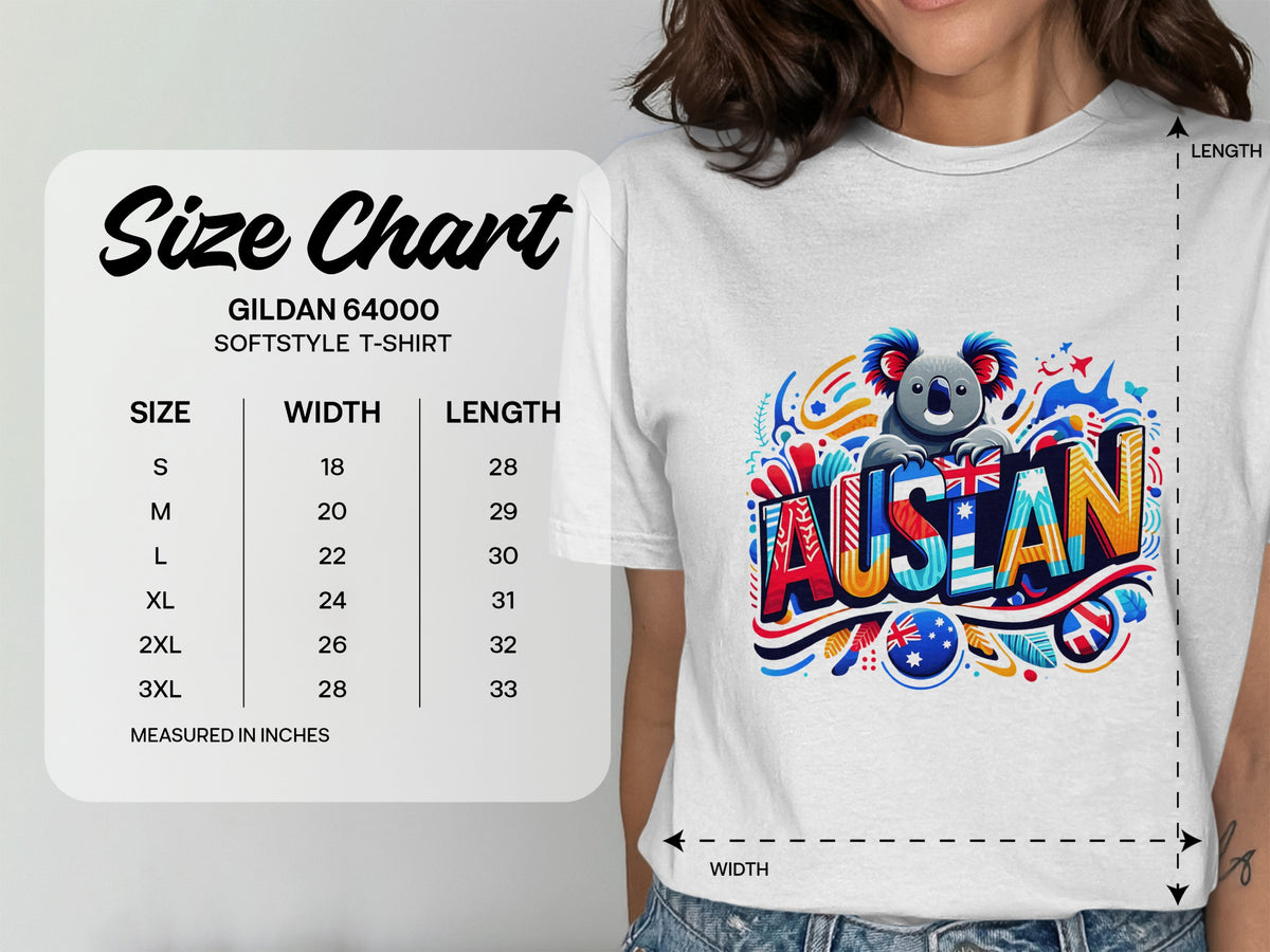 Gildan 64000 softstyle t-shirt size chart with koala graphic and text "AUSLAN".