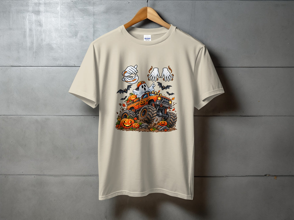 Ghost driving monster truck with pumpkins and bats, Halloween graphic on shirt.