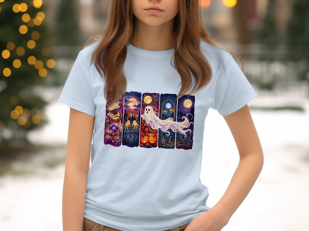 Light blue t-shirt with a Halloween-themed graphic featuring a ghost and spooky scenes.