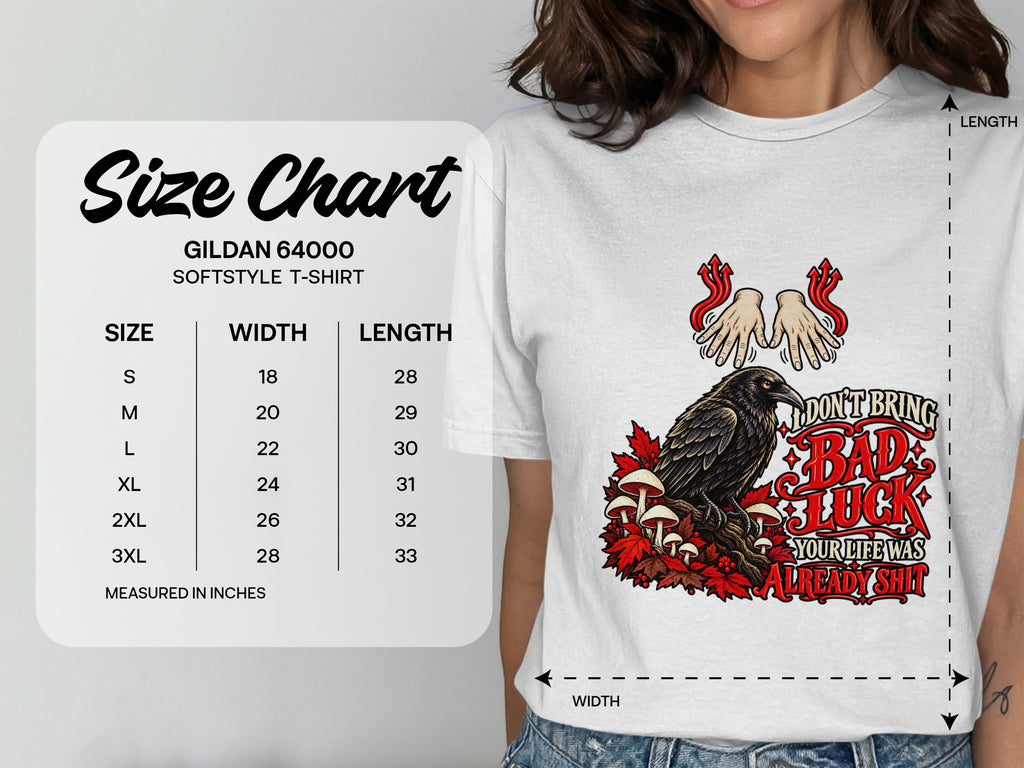 Size chart for Gildan 64000 Softstyle t-shirt with graphic of crow and text.