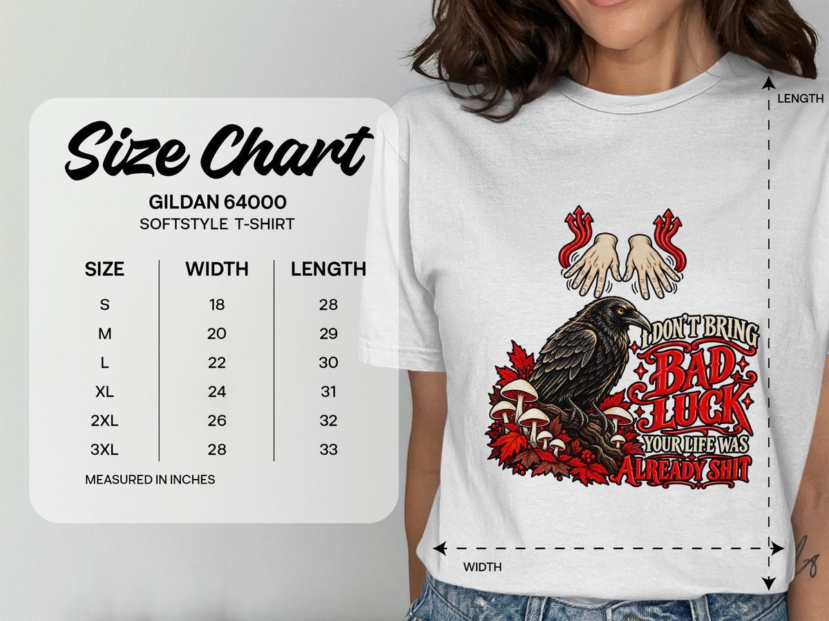 Size chart for Gildan 64000 Softstyle t-shirt with graphic of crow and text.