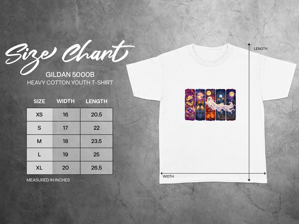 Gildan 5000B youth t-shirt size chart with width and length measurements.