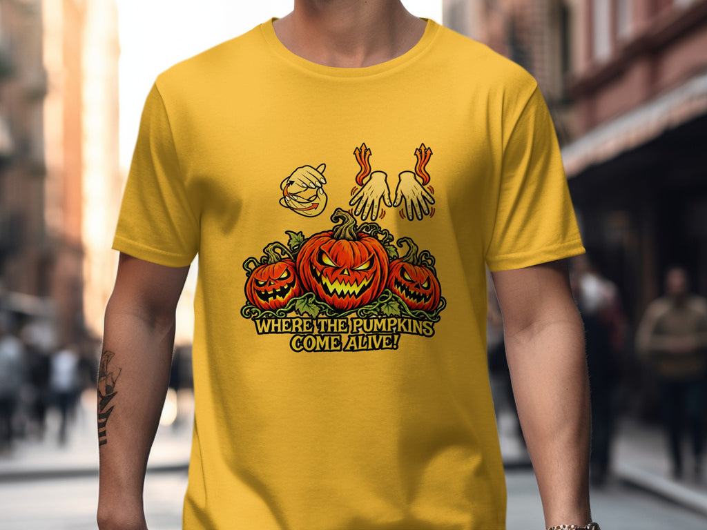 Yellow t-shirt with a Halloween graphic featuring jack-o'-lanterns and the text "WHERE THE PUMPKINS COME ALIVE!".