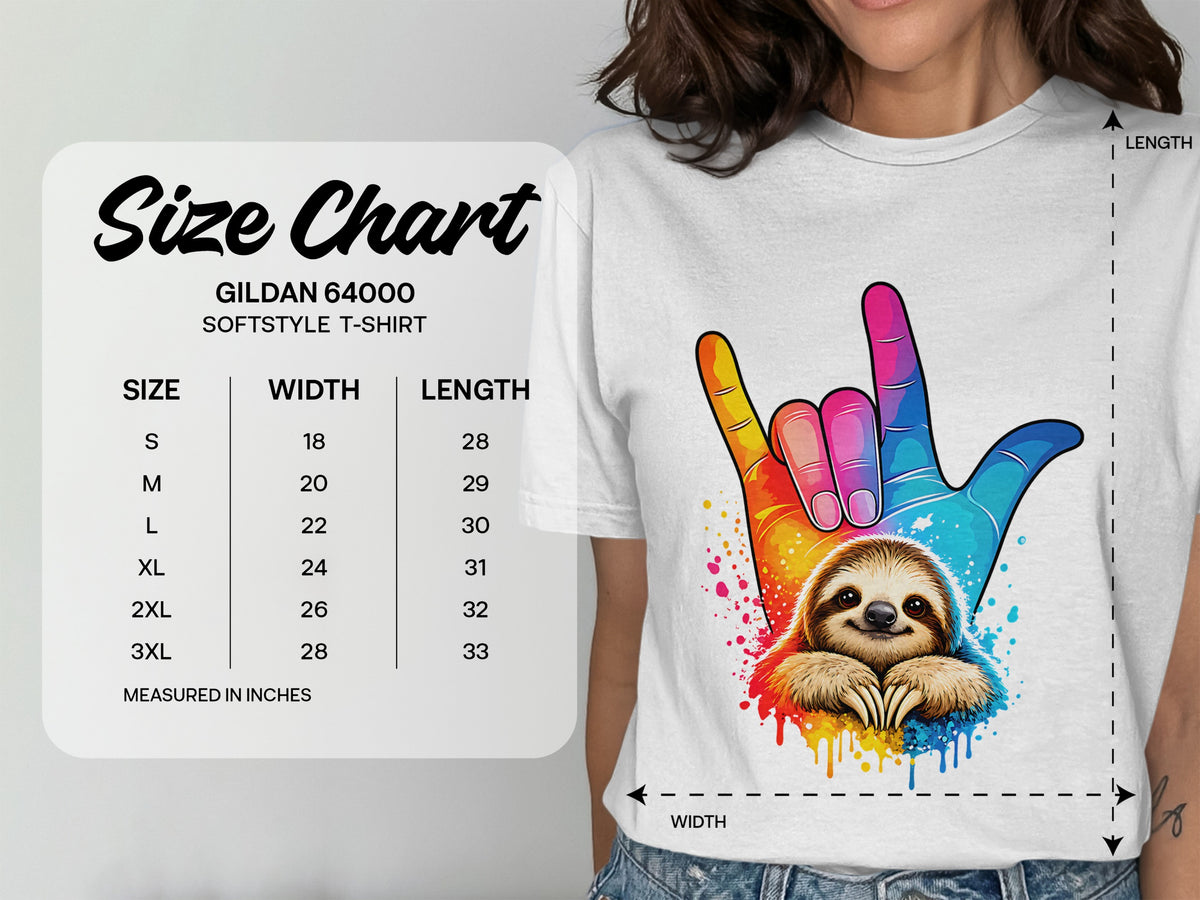 Gildan 64000 Softstyle T-Shirt size chart with width and length measurements.