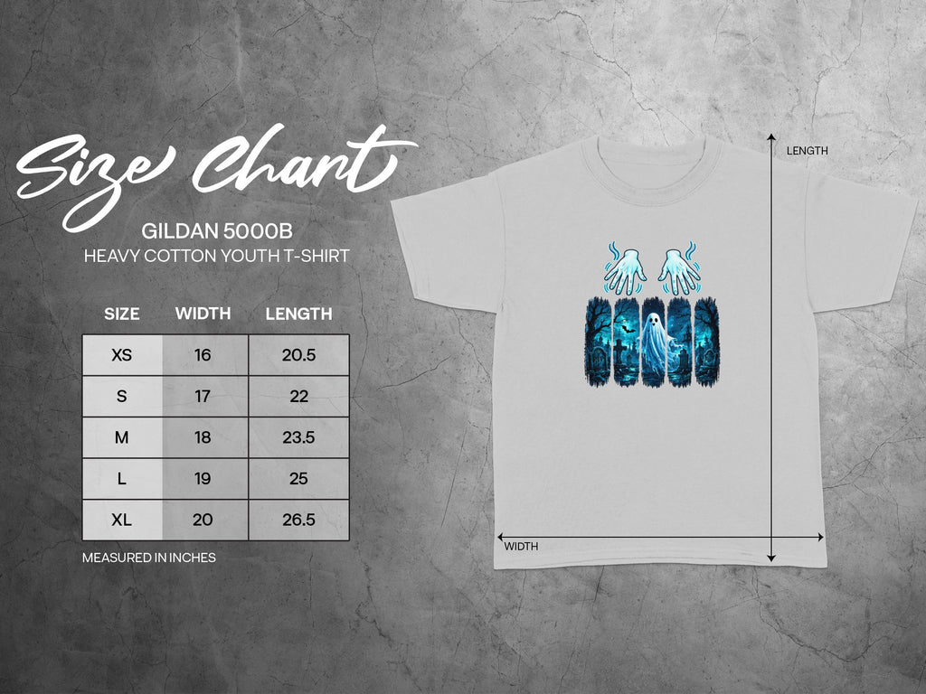 Gildan 5000B youth t-shirt size chart with width and length measurements in inches.