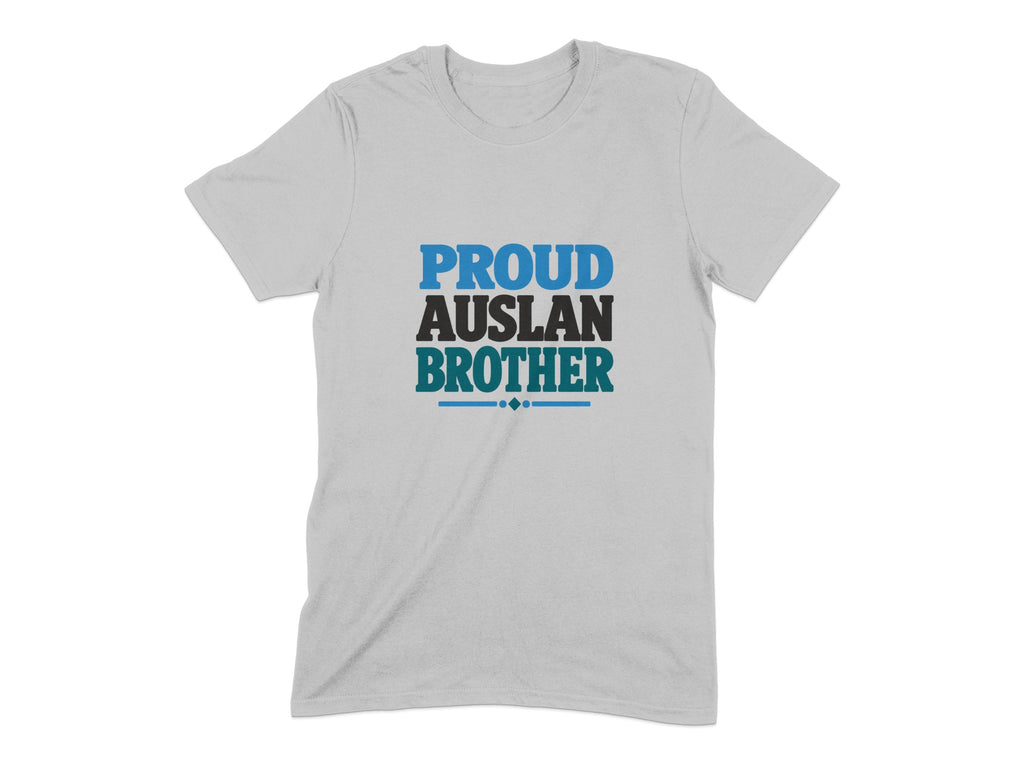 Light grey t-shirt with "PROUD AUSLAN BROTHER" text in blue, black, and teal.