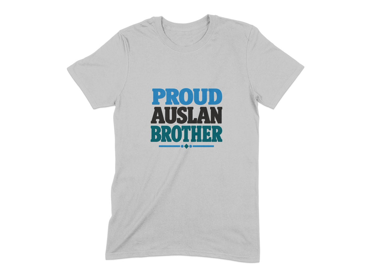Light grey t-shirt with "PROUD AUSLAN BROTHER" text in blue, black, and teal.