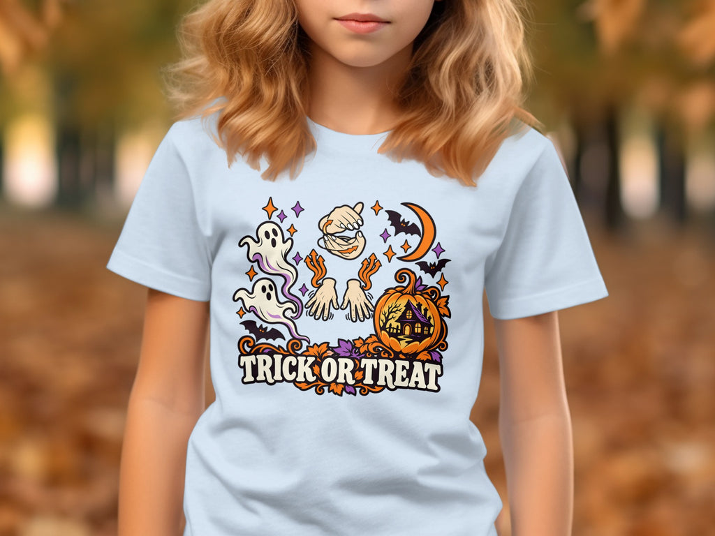 Light blue t-shirt with "Trick or Treat" Halloween graphic featuring ghosts, pumpkin, and bats.