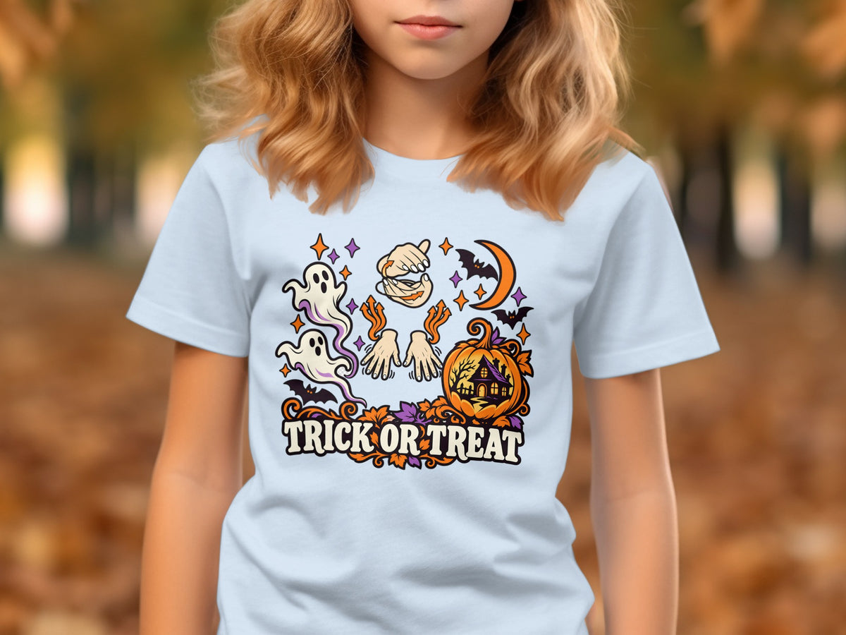 Light blue t-shirt with "Trick or Treat" Halloween graphic featuring ghosts, pumpkin, and bats.