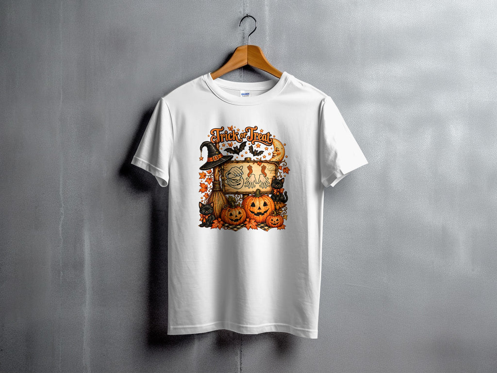 White t-shirt with Halloween graphic featuring "Trick or Treat" text, pumpkins, bats, and cats.