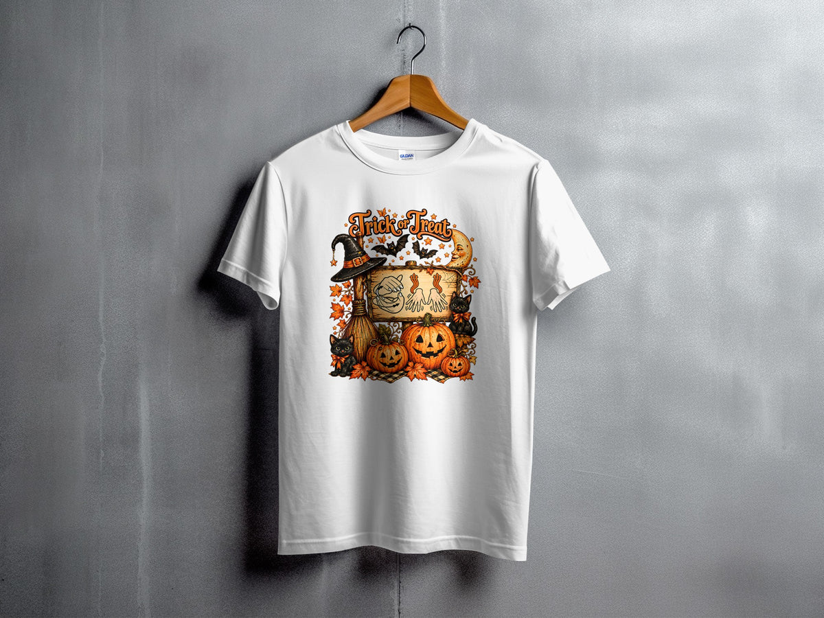 White t-shirt with Halloween graphic featuring "Trick or Treat" text, pumpkins, bats, and cats.
