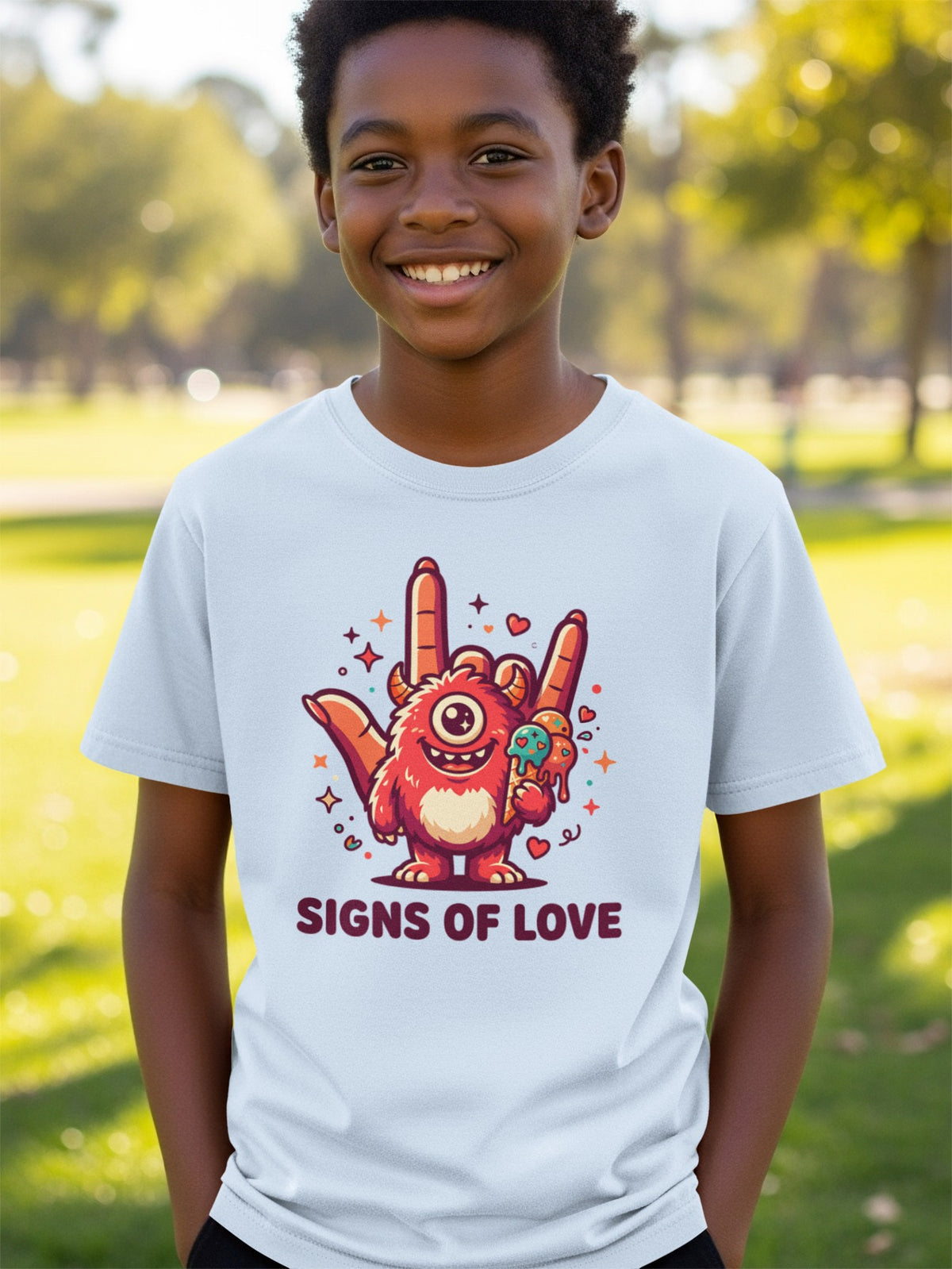 Red monster with ice cream and "Signs of Love" text on a light blue t-shirt.