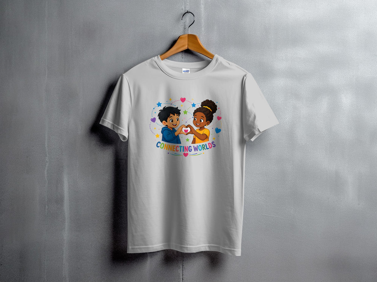 White t-shirt with cartoon boy and girl making a heart shape with their hands.