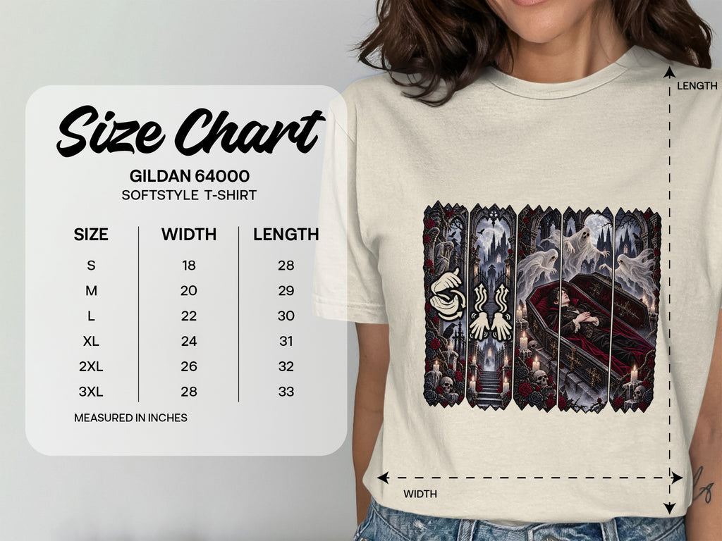 Gildan 64000 softstyle t-shirt size chart with width and length measurements in inches.