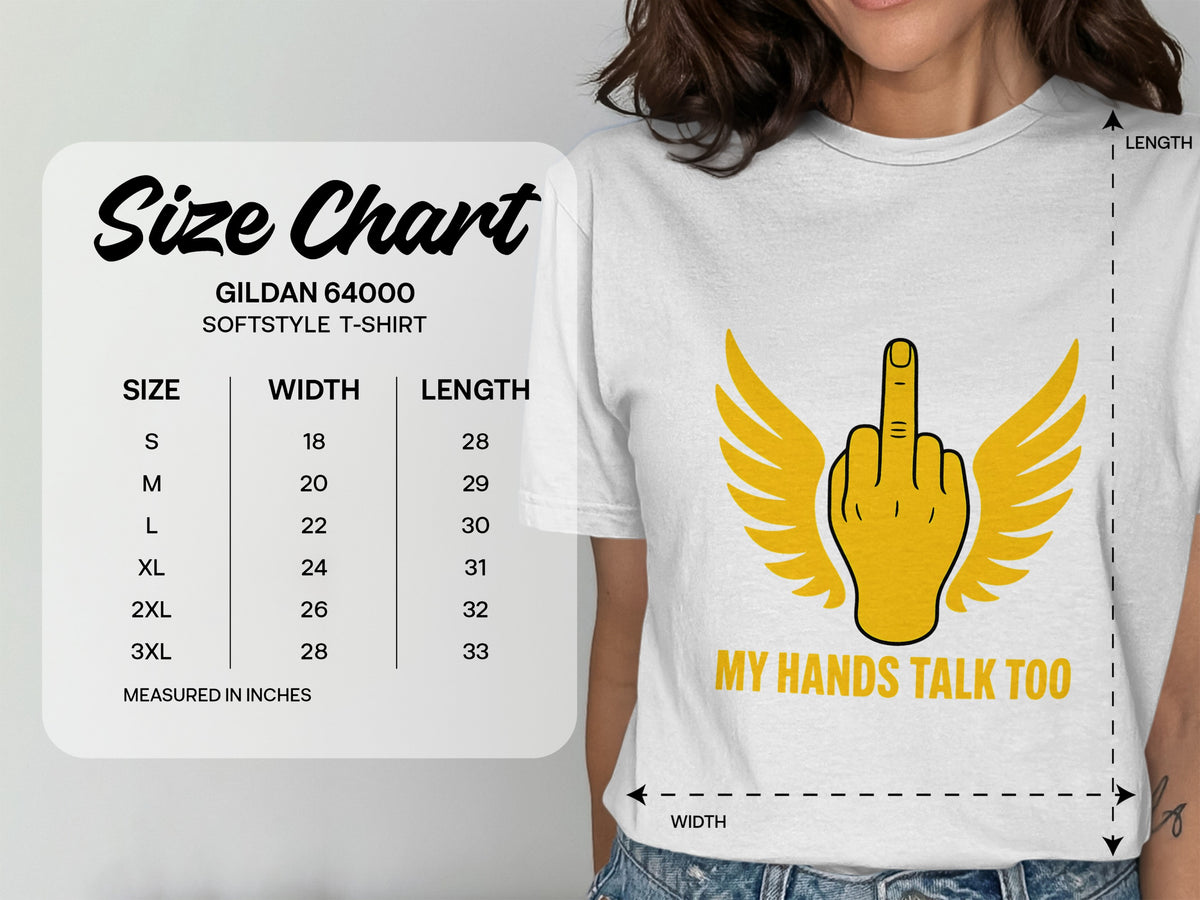 Gildan 64000 Softstyle T-shirt size chart with width and length measurements in inches.
