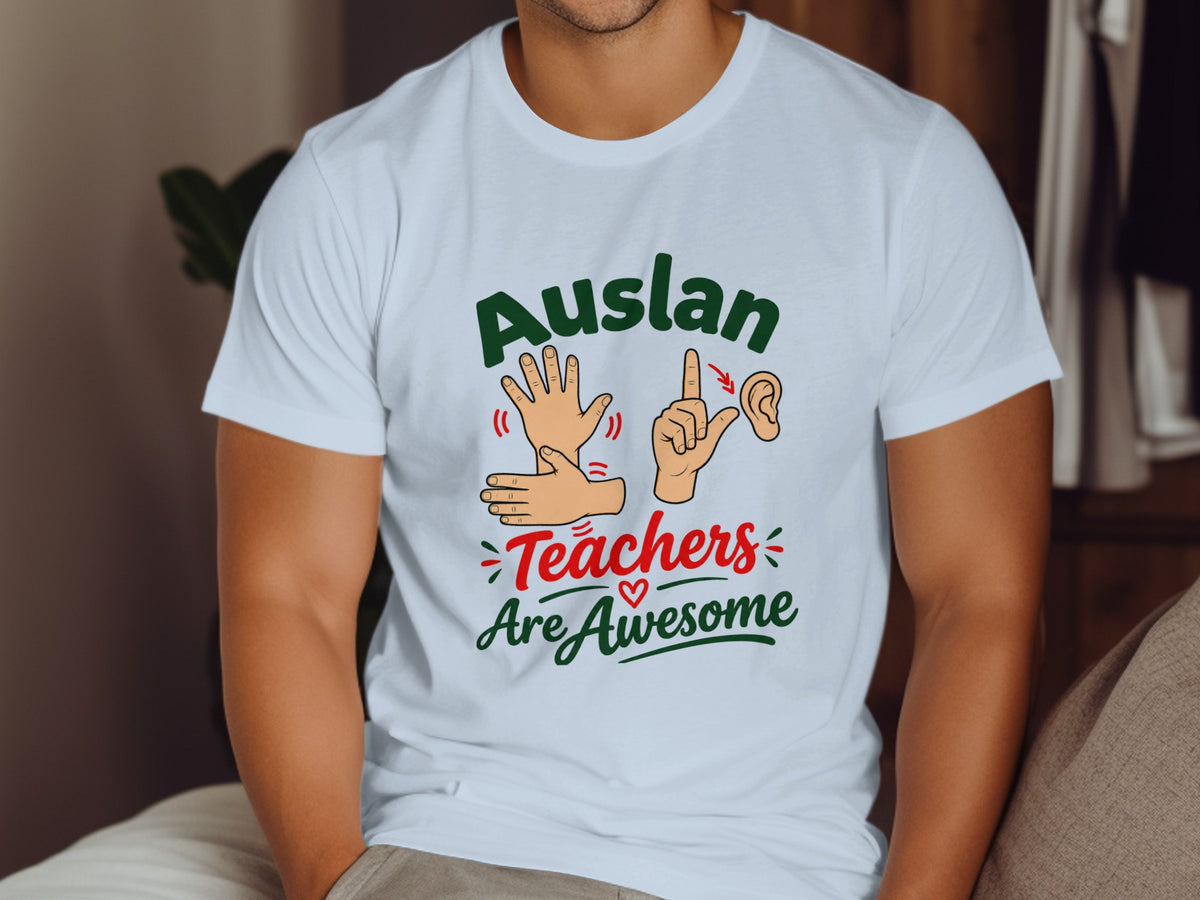 White t-shirt with "Auslan Teachers Are Awesome" and ASL hand gestures.