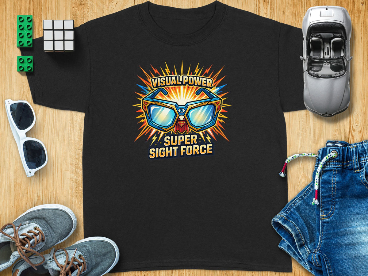 Black t-shirt with "VISUAL POWER SUPER SIGHT FORCE" text and sunglasses graphic.