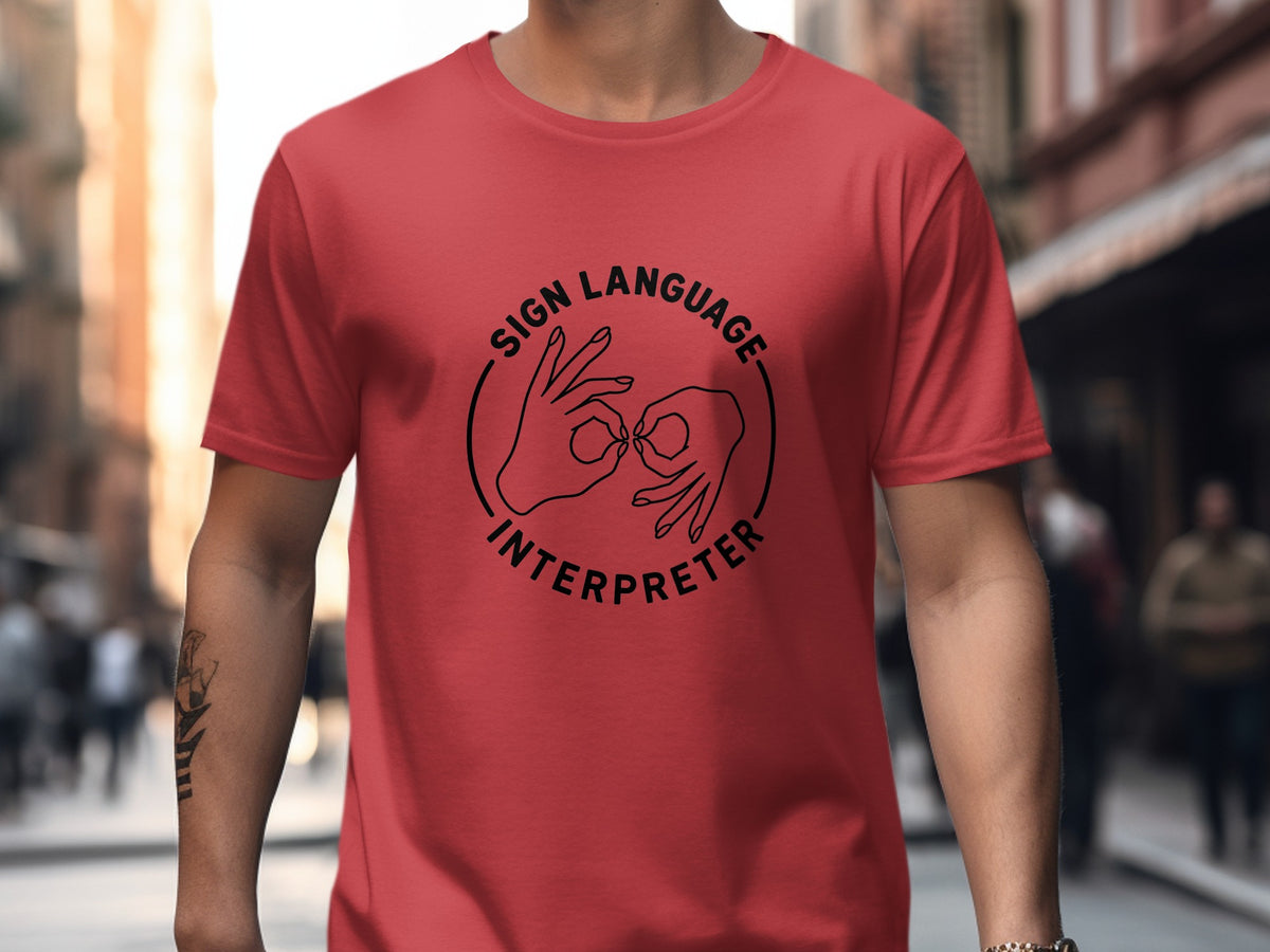 Red t-shirt with black line art of hands signing "sign language interpreter."