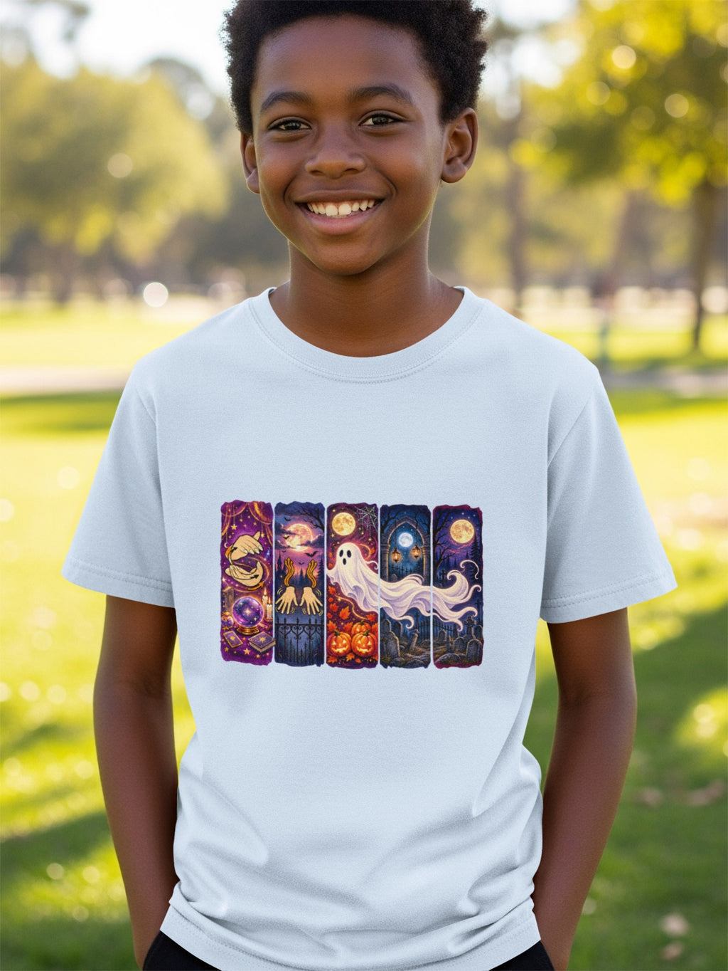 Boy in light blue t-shirt with Halloween-themed vertical comic strip graphic.