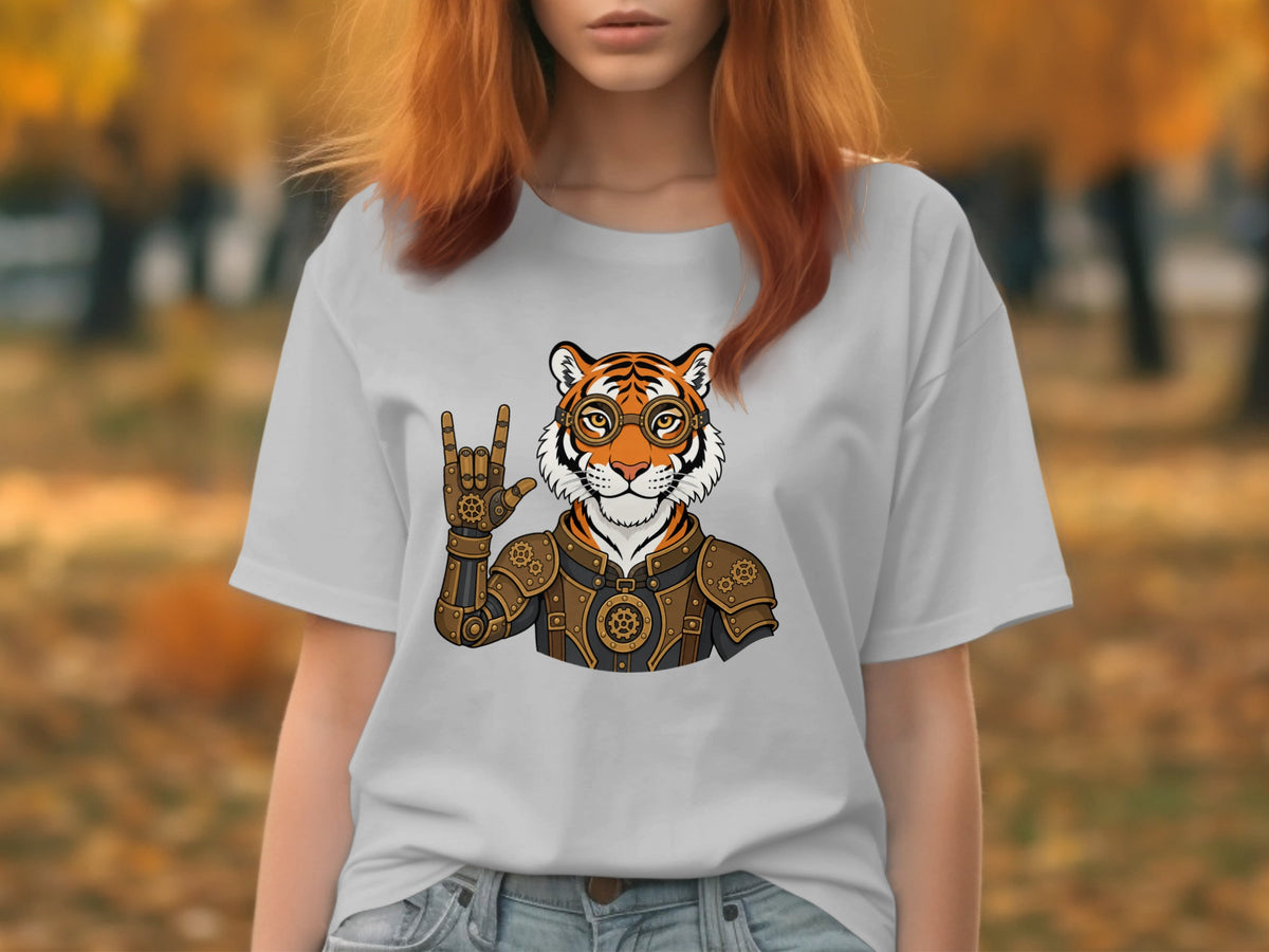 Steampunk tiger wearing goggles and armor, giving a rock-on hand gesture.