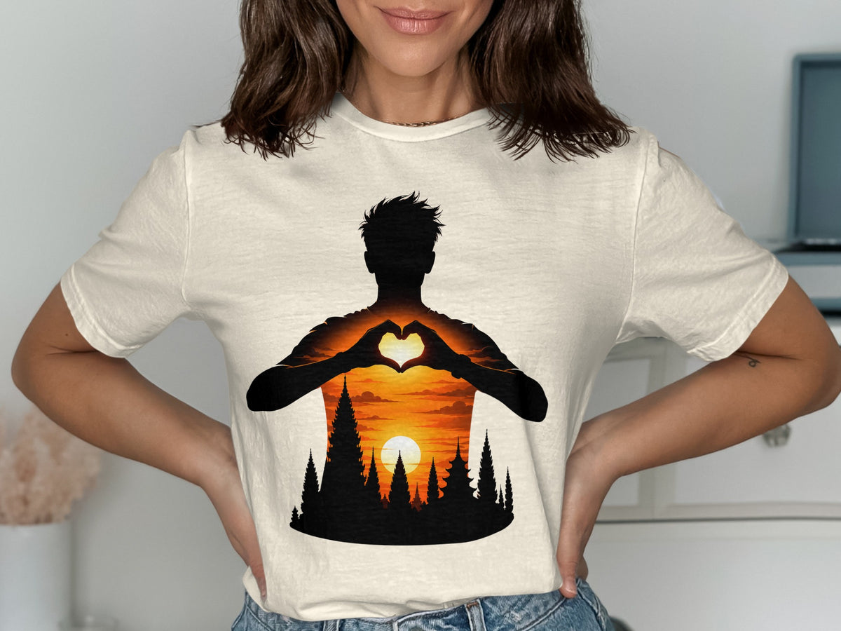 Silhouette of person making heart shape over sunset with trees