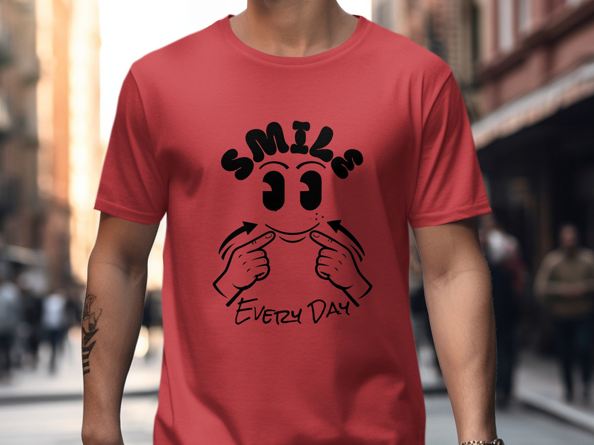 Red t-shirt with black "SMILE EVERY DAY" text and smiley face graphic.