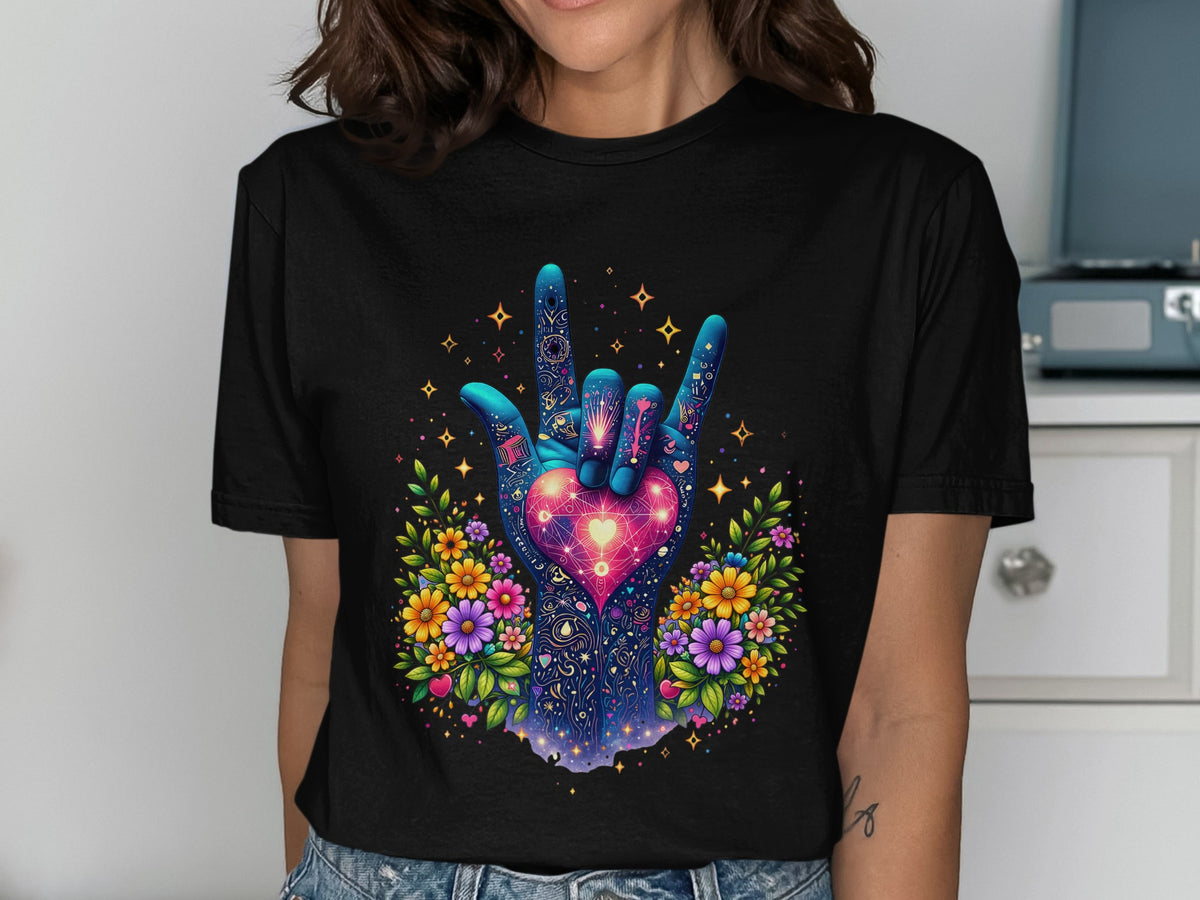 Black t-shirt with a colorful hand gesture holding a glowing heart, surrounded by flowers.