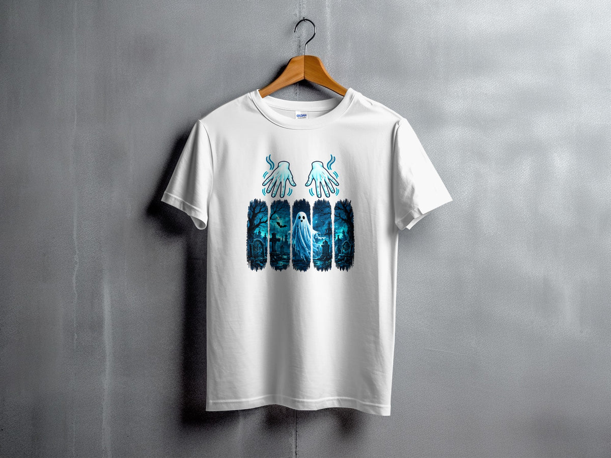 White t-shirt with a spooky graveyard and ghost graphic on the front.