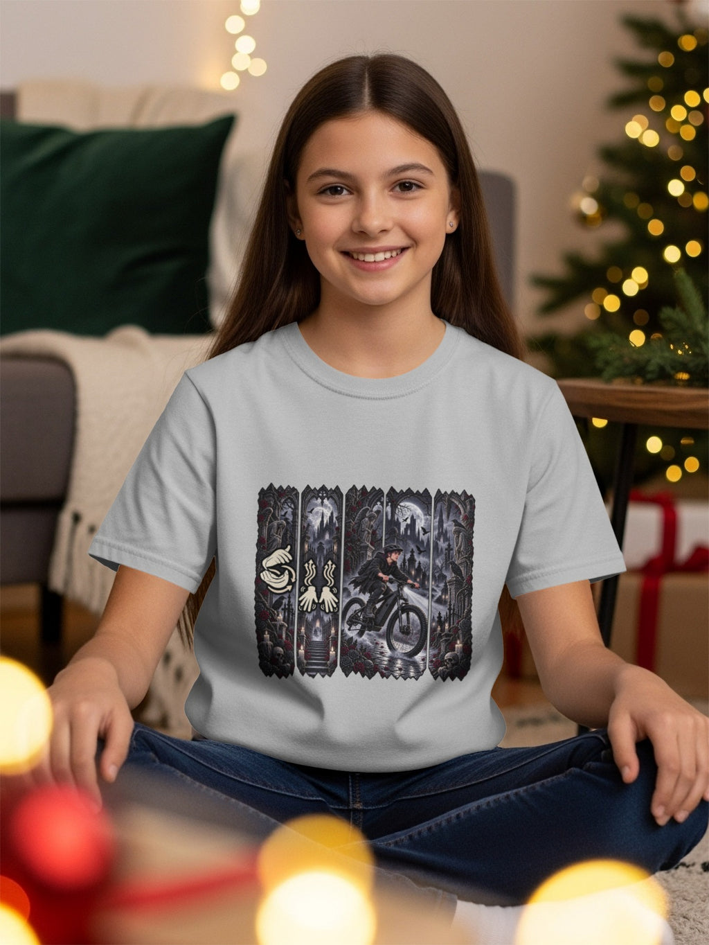 Light grey t-shirt with a black and white graphic of a person riding a bicycle in a gothic landscape.