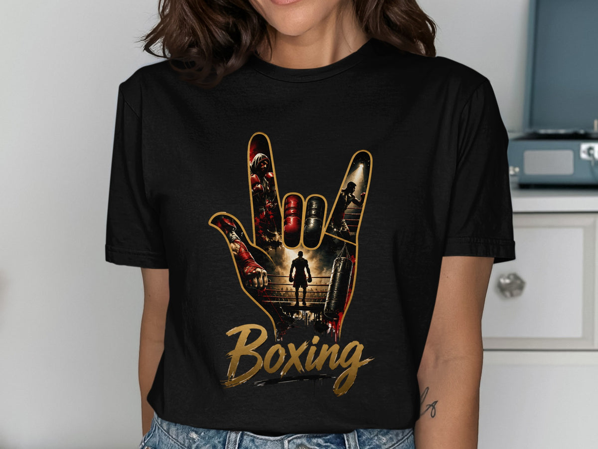 Black t-shirt with boxing imagery inside a hand gesture, and "Boxing" text.