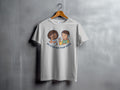 White t-shirt with illustration of two children signing "My eyes see your voice."