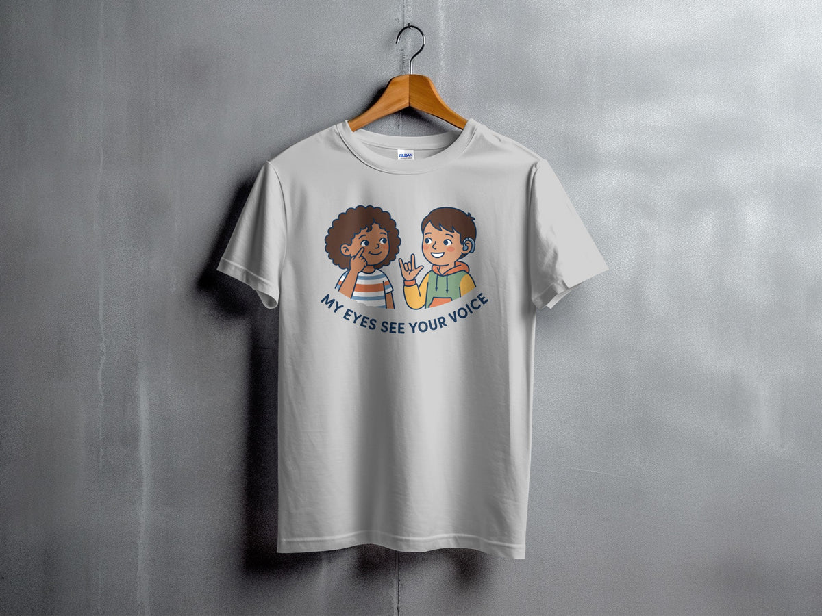 White t-shirt with illustration of two children signing "My eyes see your voice."