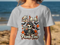 Skeleton with "Prank Time" text, bats, and orange stars on a shirt.