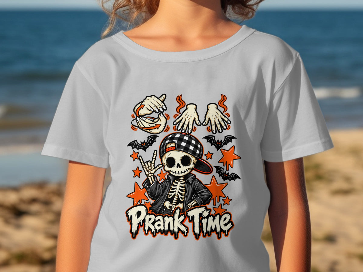 Skeleton with "Prank Time" text, bats, and orange stars on a shirt.