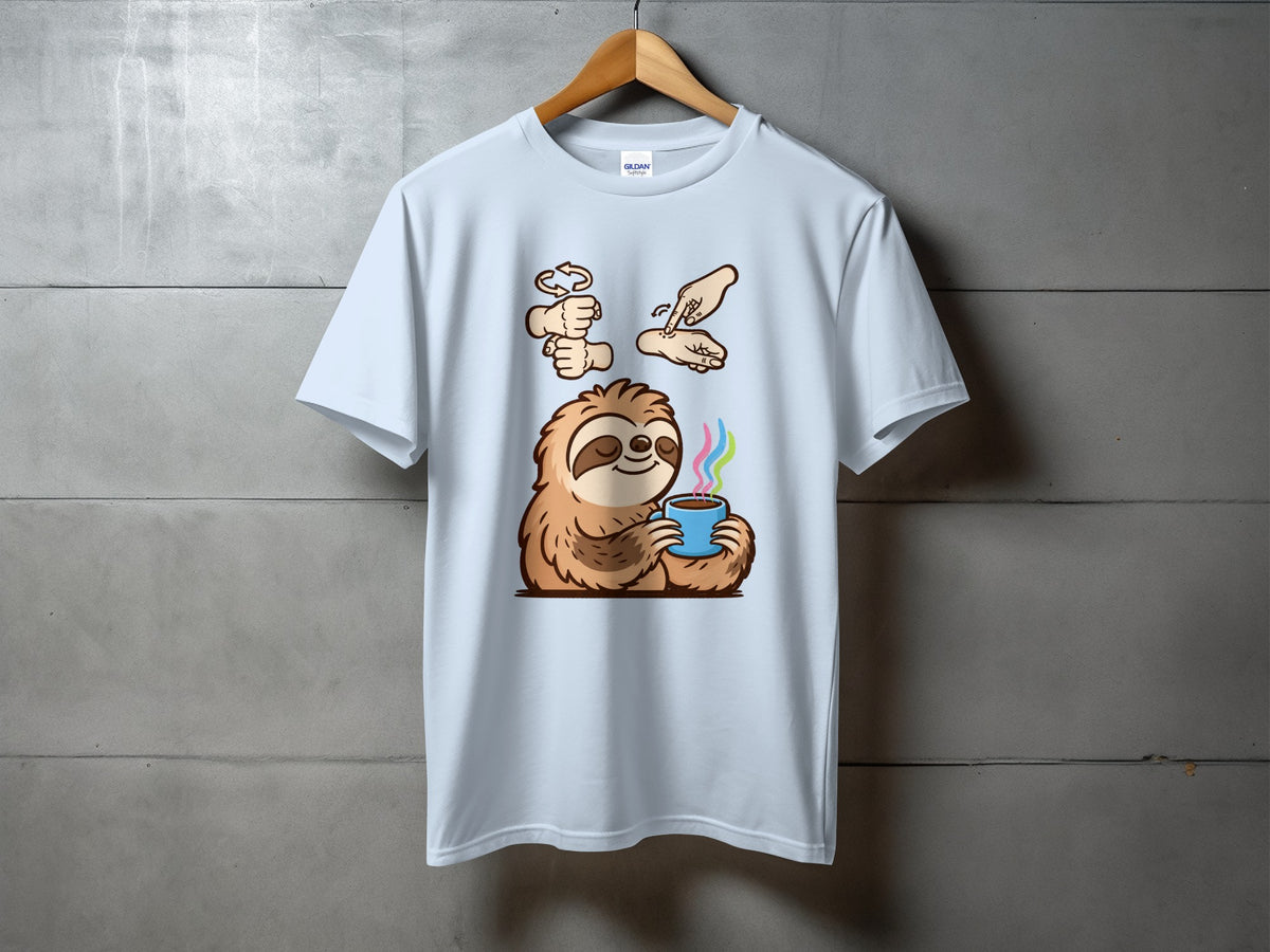 Cartoon sloth holding a mug with colorful steam and hands signing "slow" above.