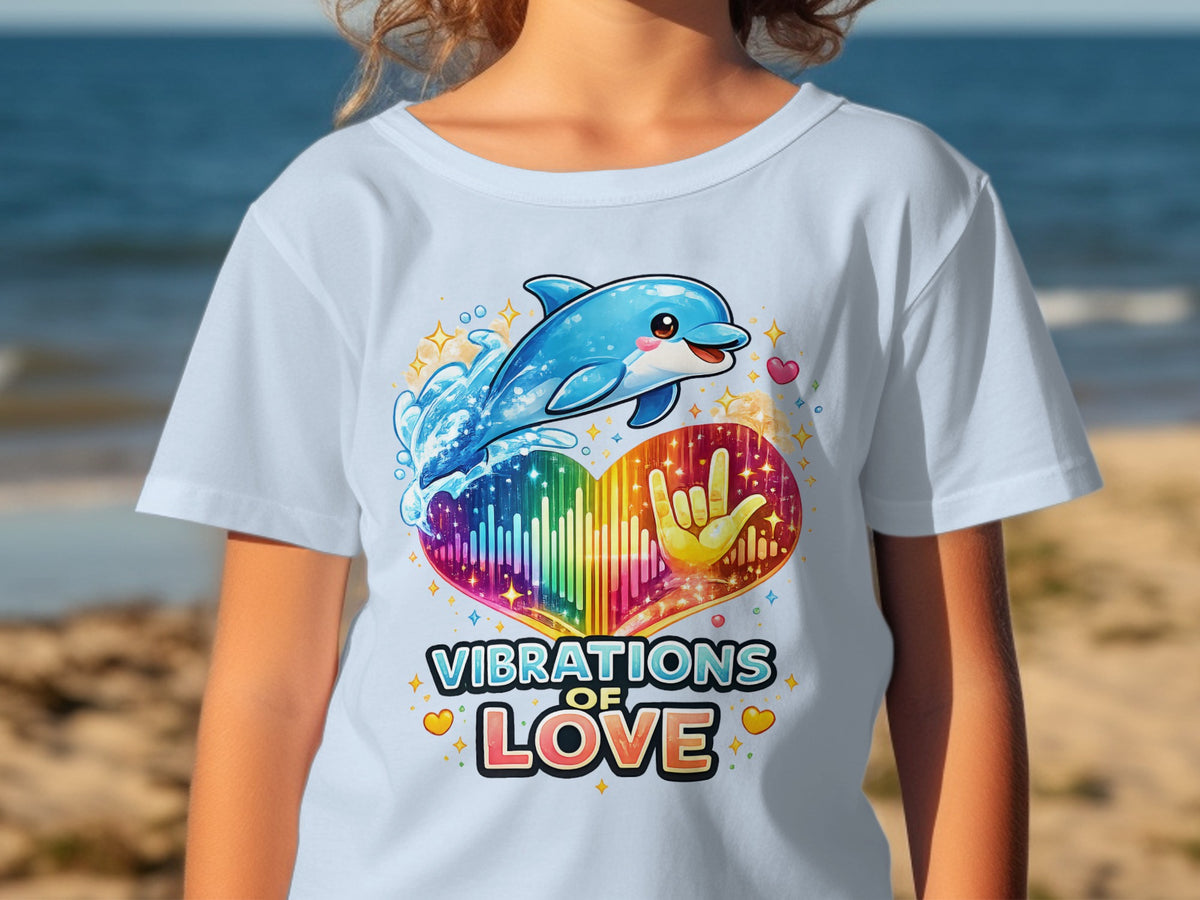 Dolphin over rainbow heart with ASL sign for "I Love You" and text.