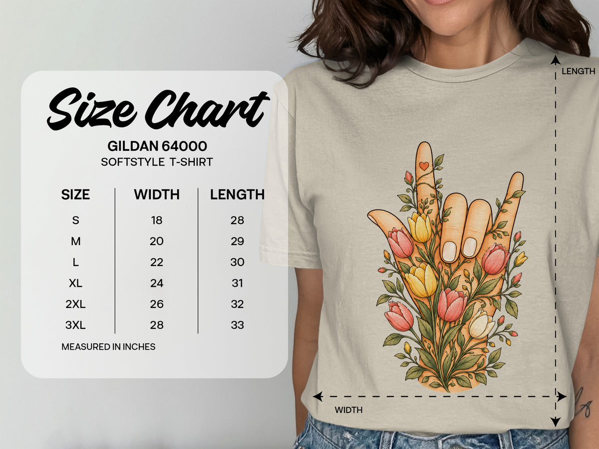 Gildan 64000 softstyle t-shirt size chart showing width and length in inches.