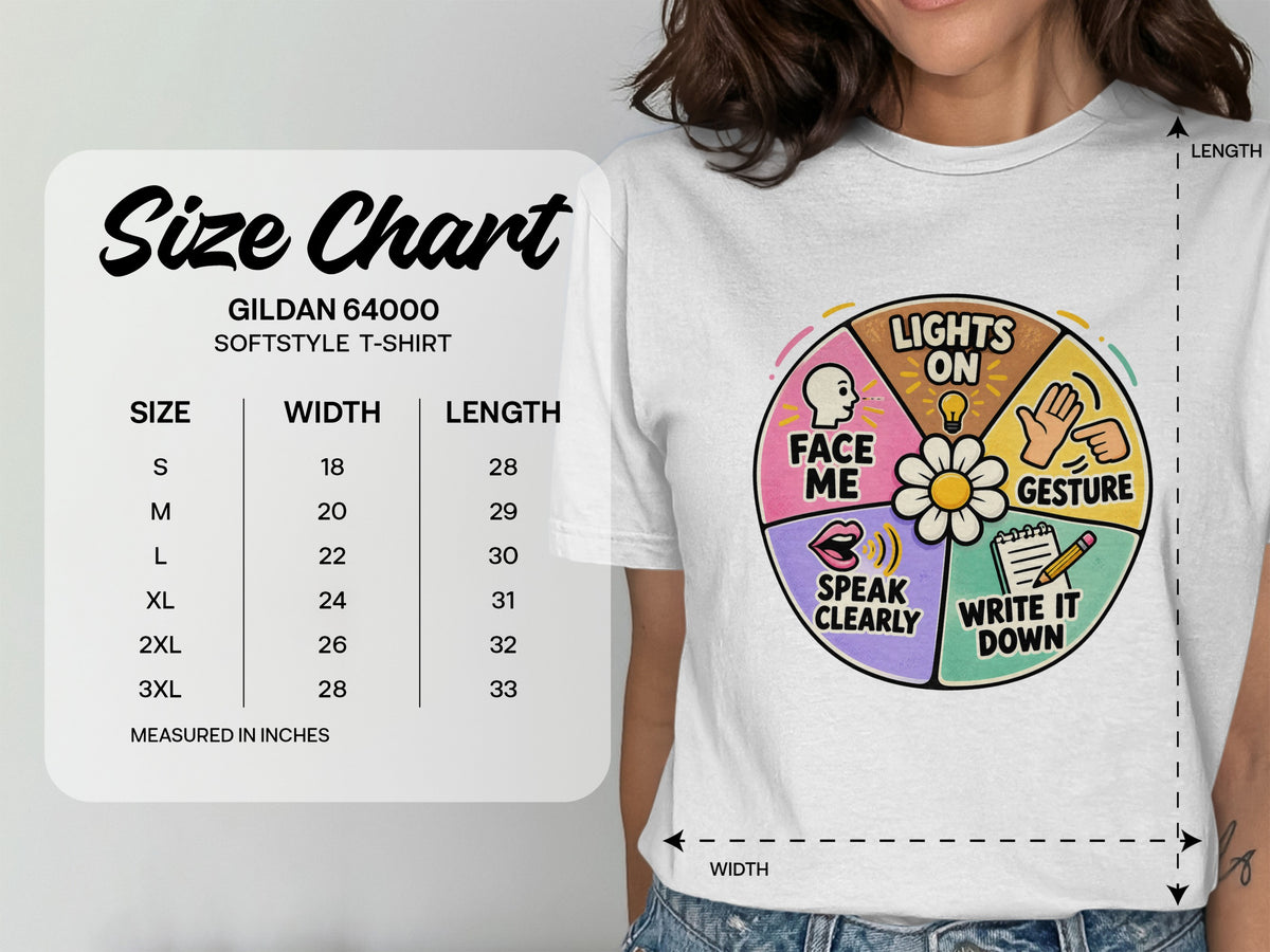 Gildan 64000 softstyle t-shirt size chart with width and length measurements in inches.