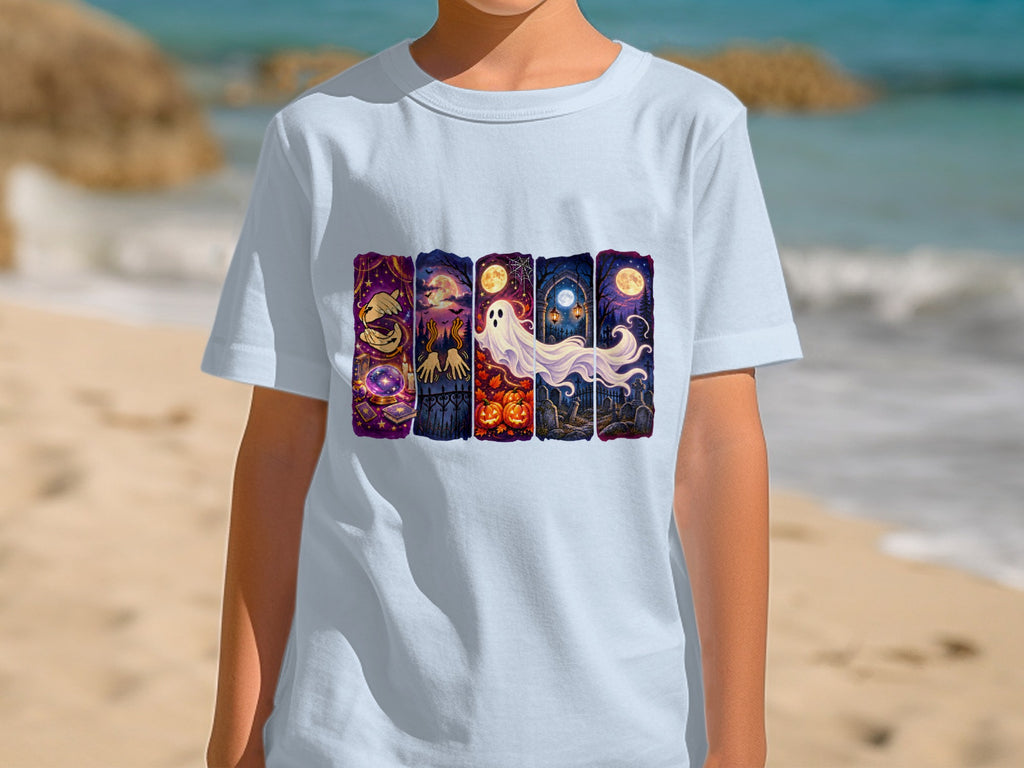 Light blue t-shirt featuring a horizontal row of Halloween-themed illustrations.
