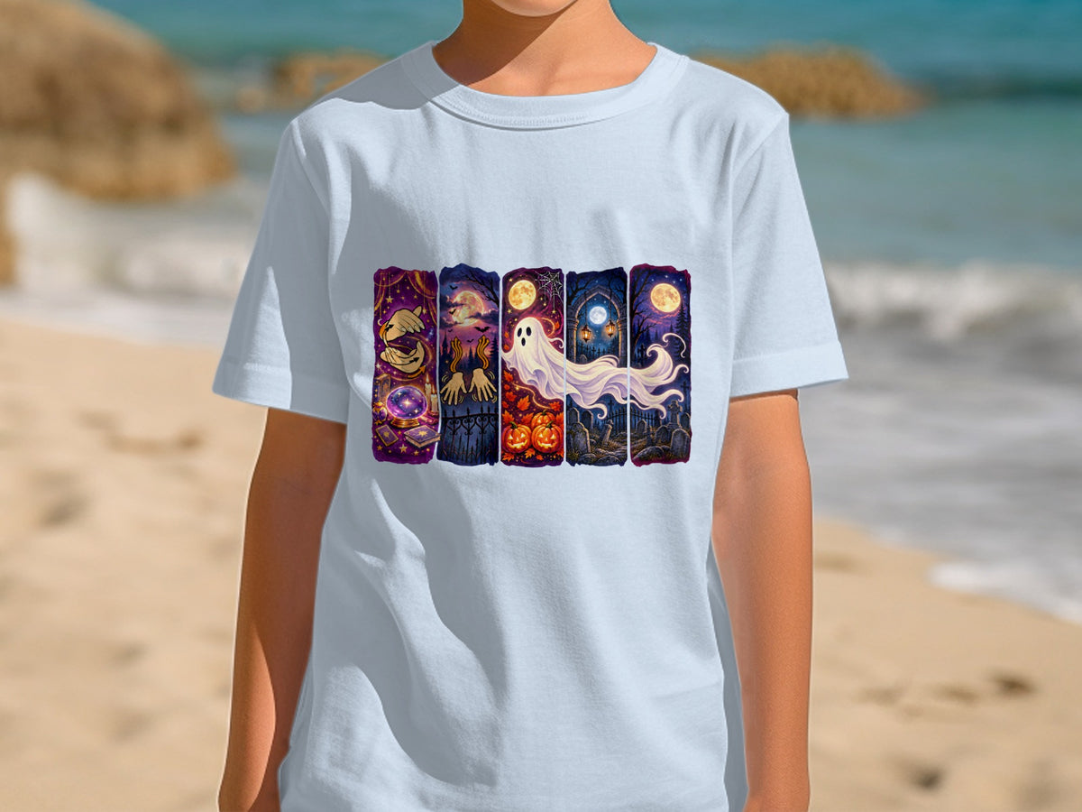 Light blue t-shirt featuring a horizontal row of Halloween-themed illustrations.