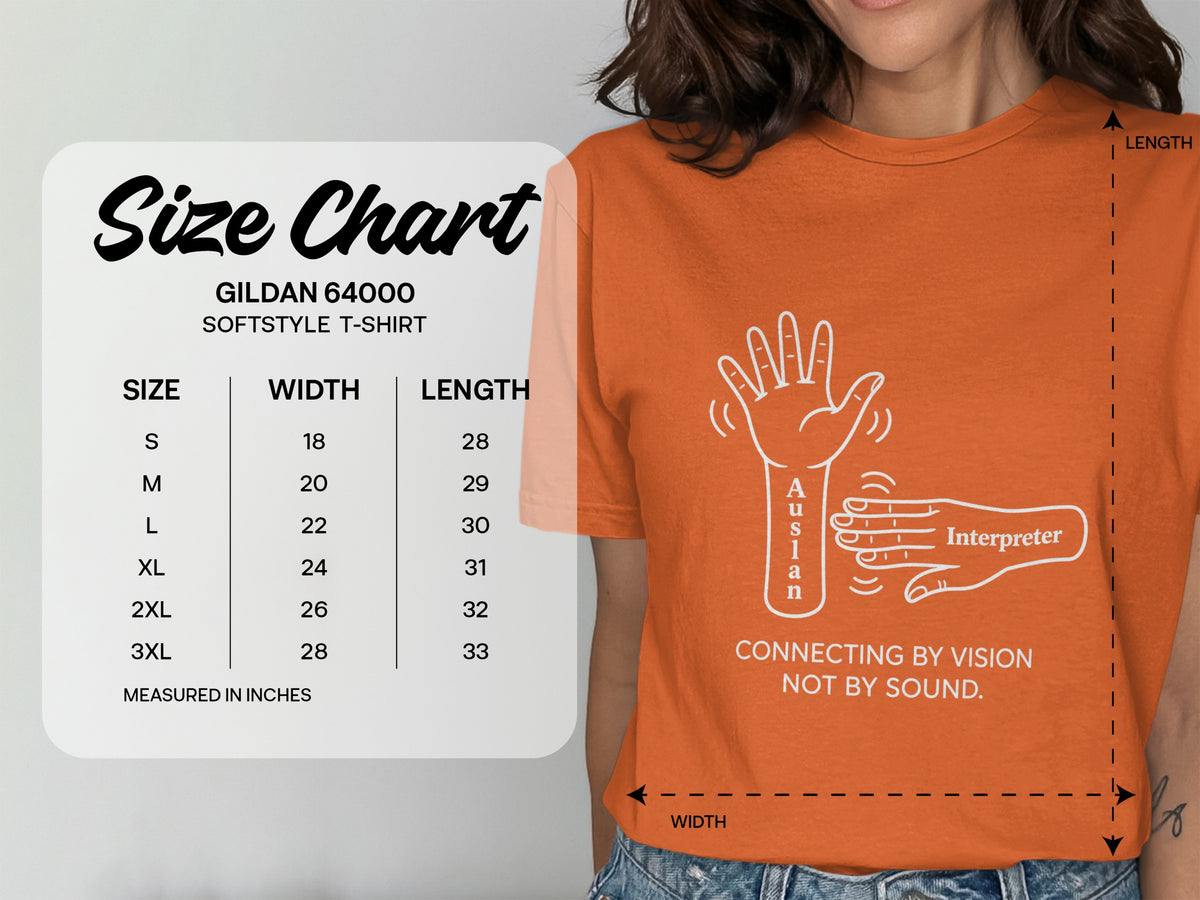 Gildan 64000 Softstyle T-shirt size chart with width and length measurements in inches.